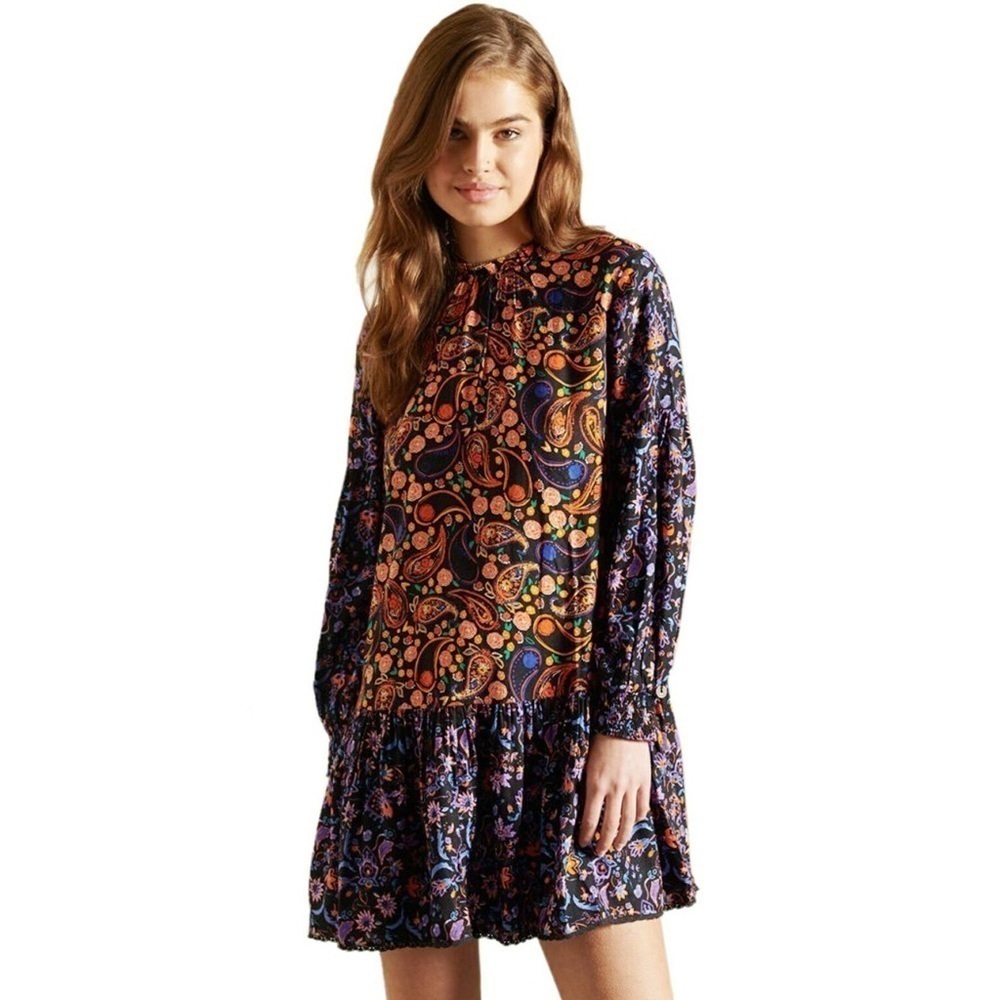 Superdry Multicolor Paisley High Neck Long Sleeve Cottagecore Boho Mini Dress - Picture 5 of 15
